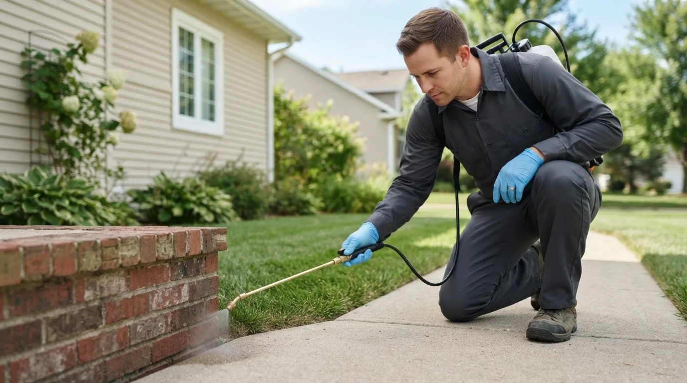 Pest control technician treating a home near Henderson, MN