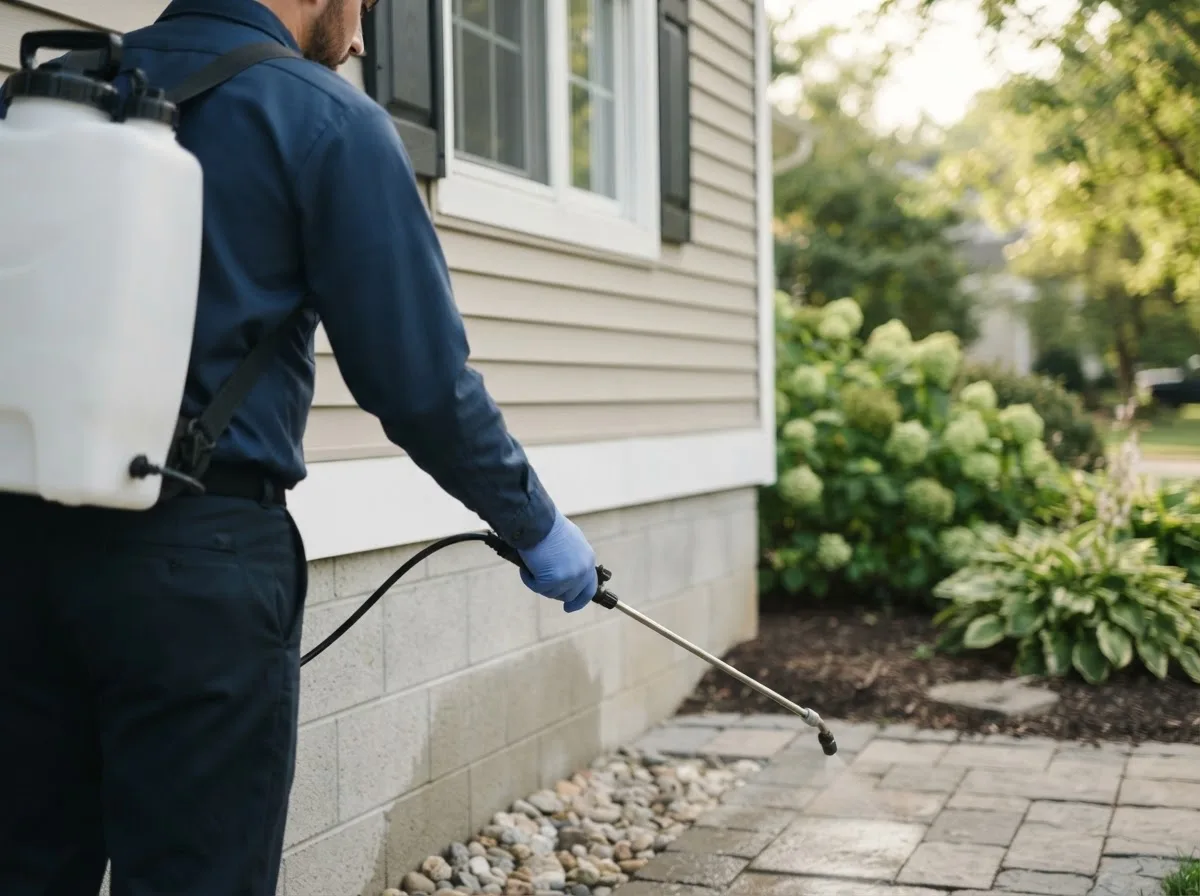 Pest control technician inspecting a home in Henderson, MN